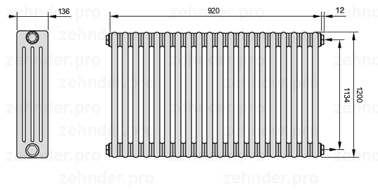 Схема (чертеж) Радиатор Zehnder Charleston 4120/20 №7610 Белый глянцевый RAL 9016
